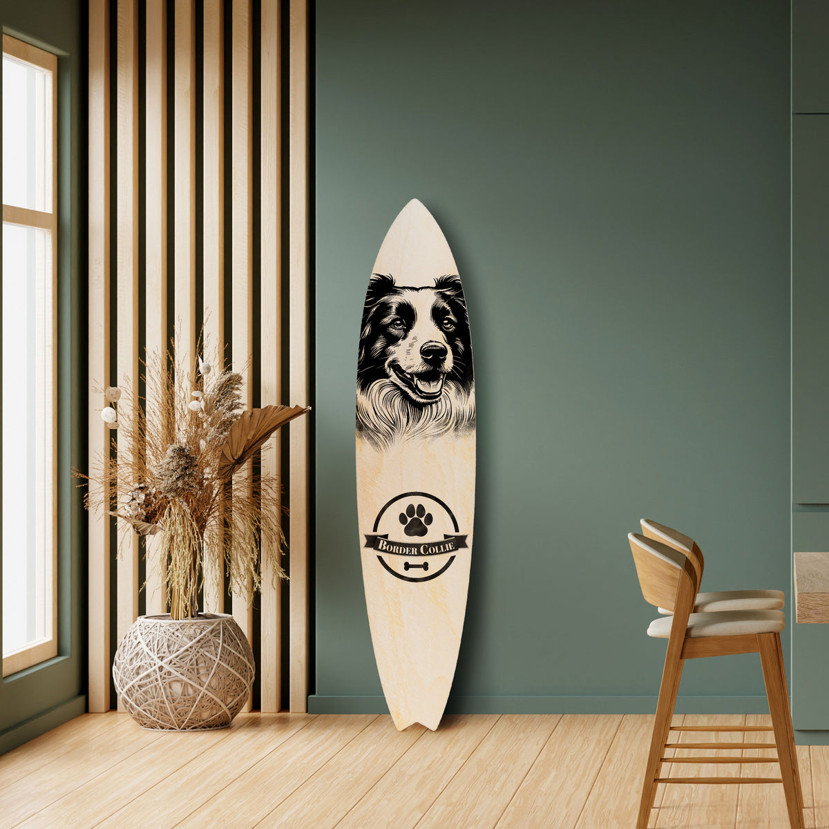 BORDER COLLIE Dekorativní panel ve tvaru surfu