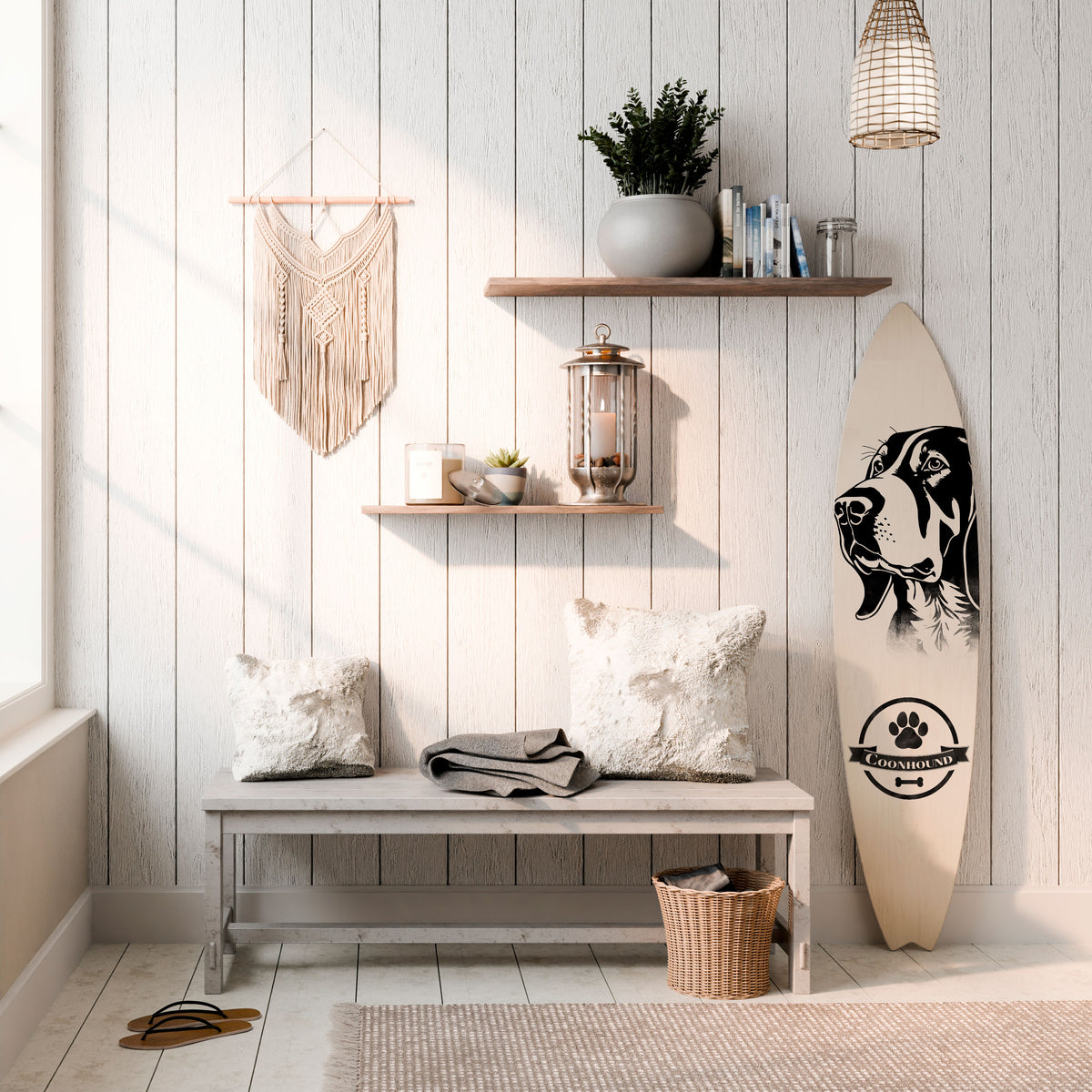 COONHOUND DOG Dekorativní panel ve tvaru surfu