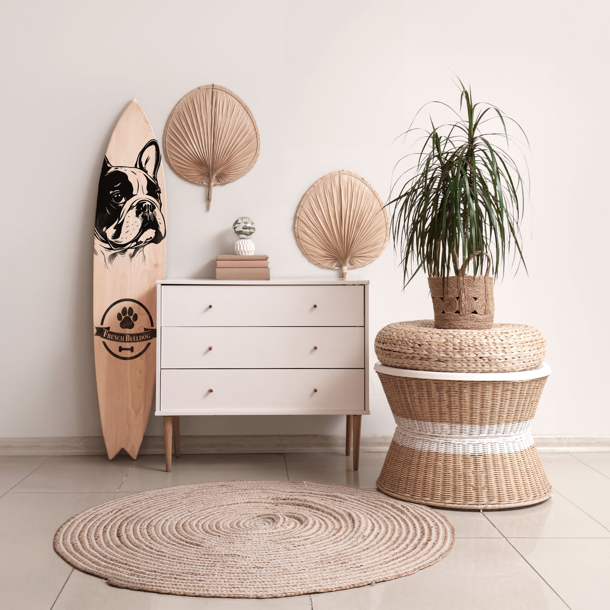 FRENCH BULLDOG Dekorativní panel ve tvaru surfu