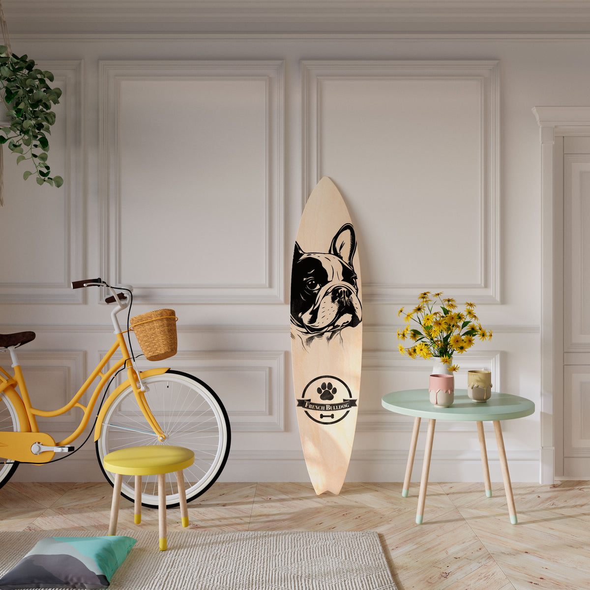 FRENCH BULLDOG Dekorativní panel ve tvaru surfu