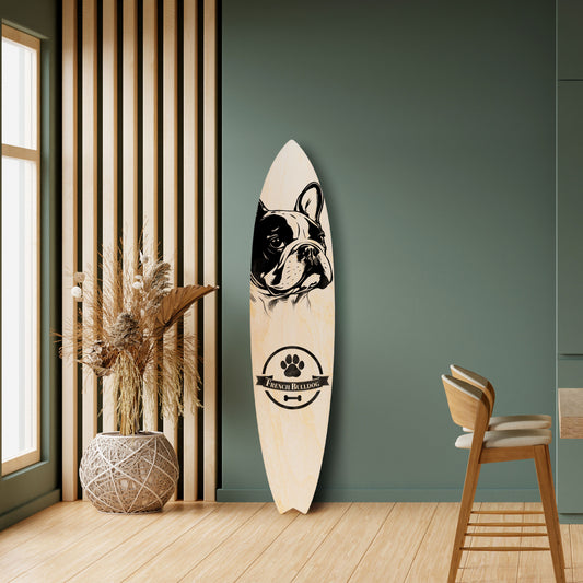 FRENCH BULLDOG Dekorativní panel ve tvaru surfu