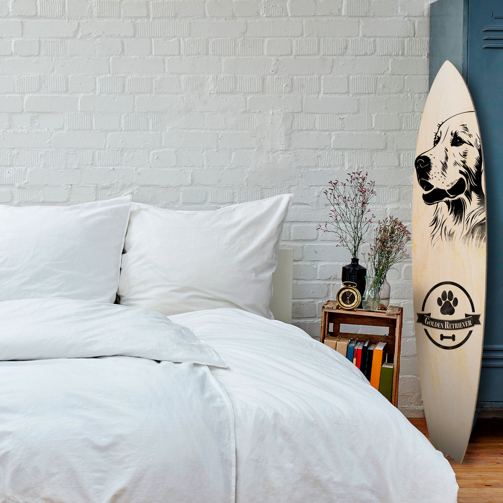GOLDEN RETRIEVER Dekorativní panel ve tvaru surfu
