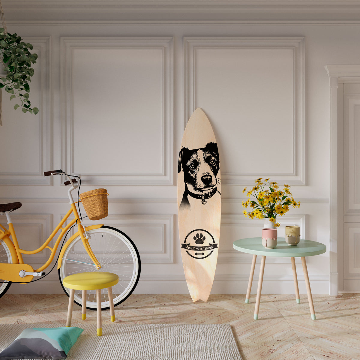 JACK RUSSEL TERRIER Dekorativní panel ve tvaru surfu