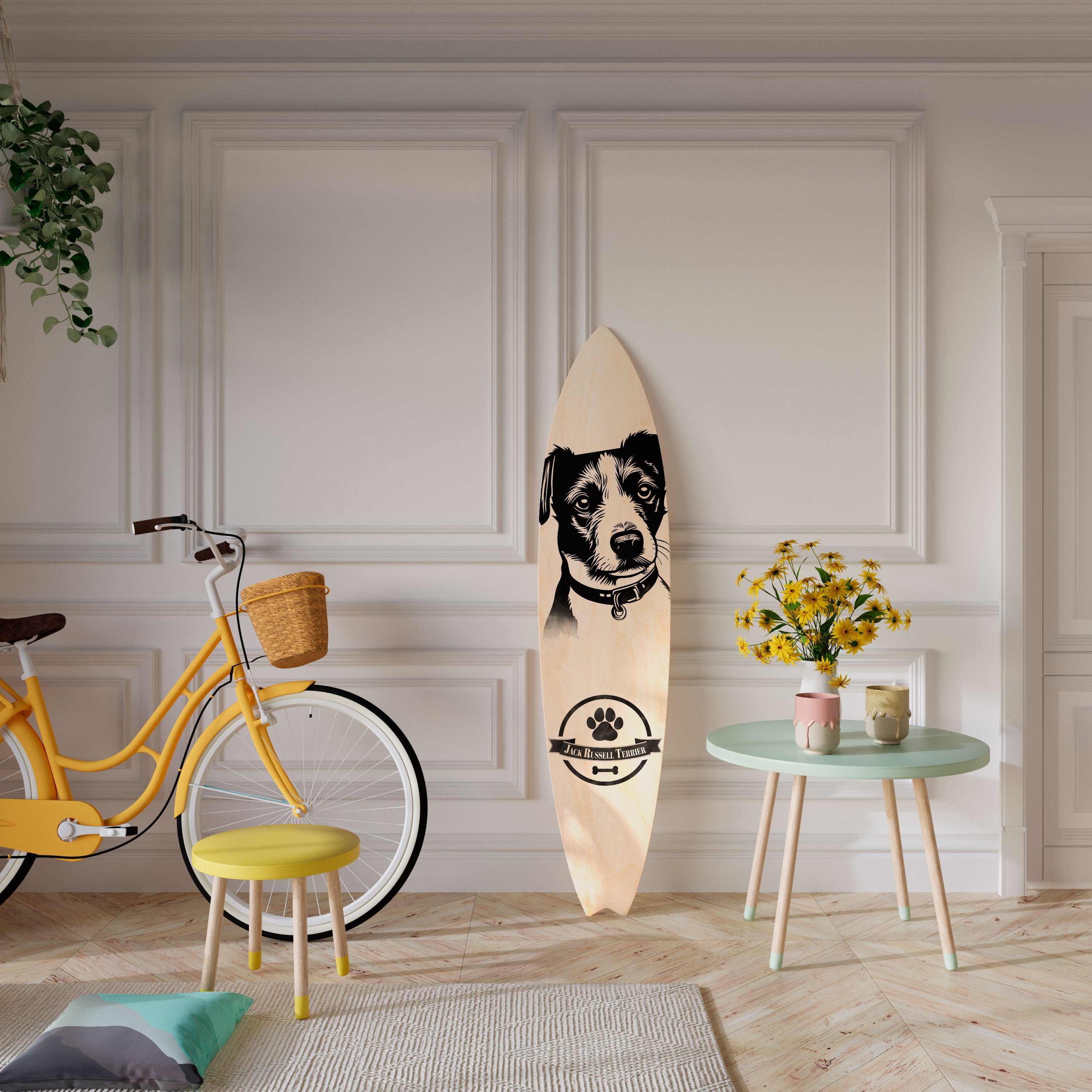 JACK RUSSEL TERRIER Dekorativní panel ve tvaru surfu