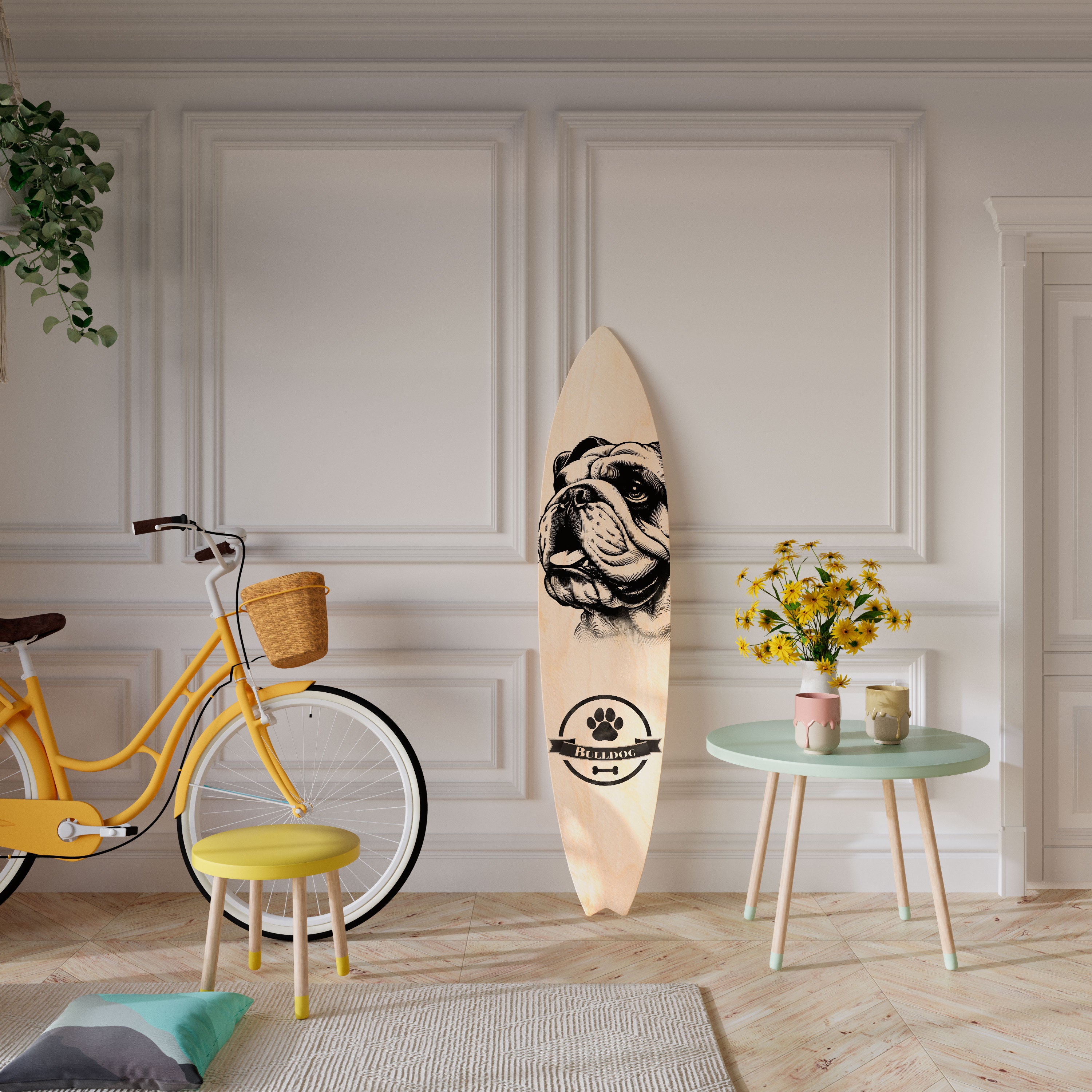 BULLDOG DOG Dekorativní panel ve tvaru surfu
