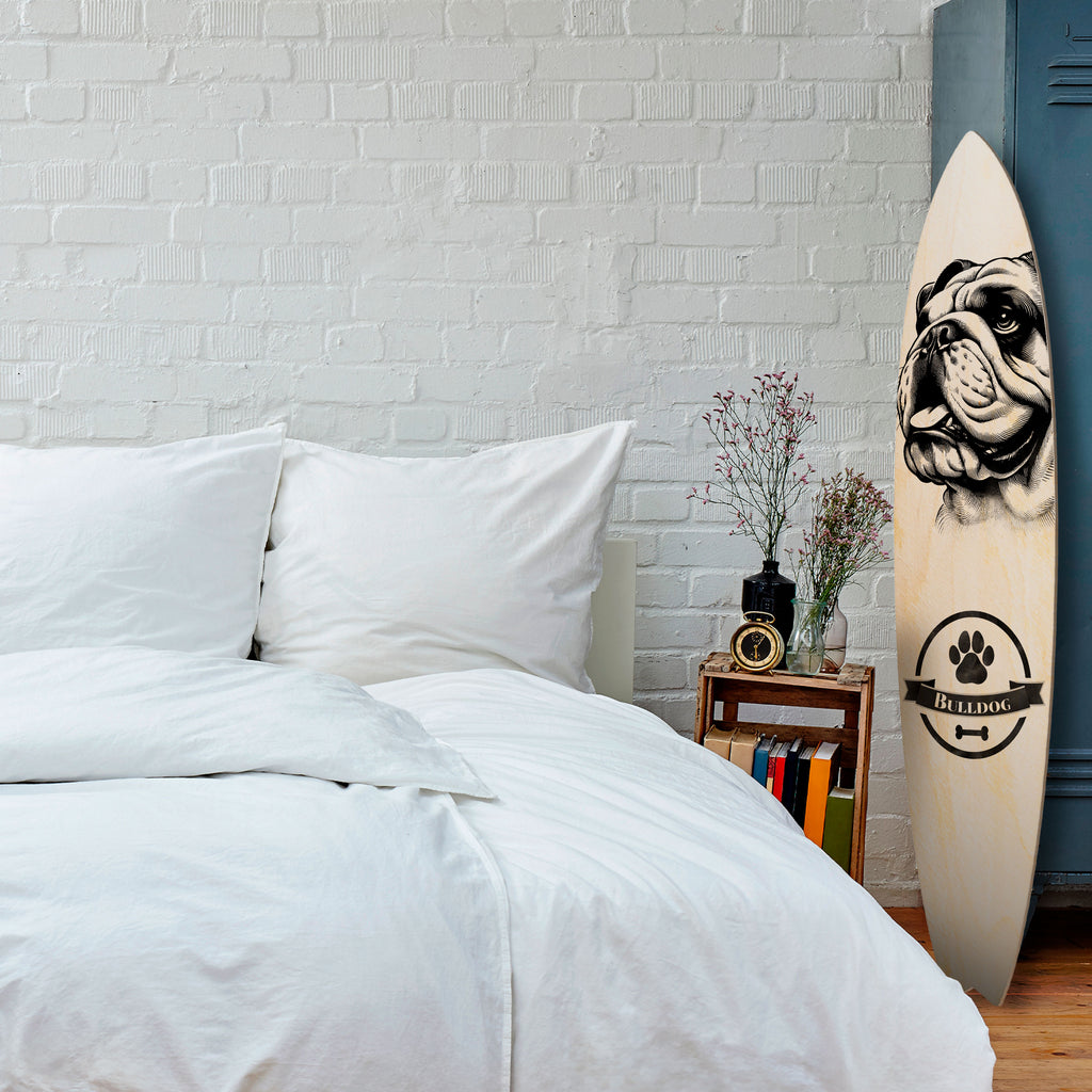 BULLDOG DOG Dekorativní panel ve tvaru surfu