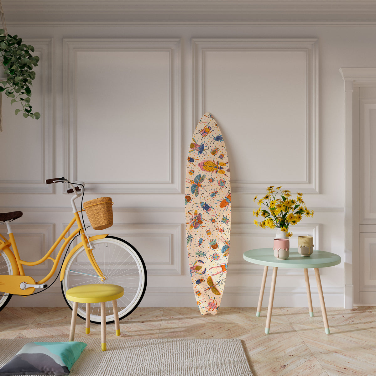 COLORFUL INSECTS Dekorativní panel ve tvaru surfu