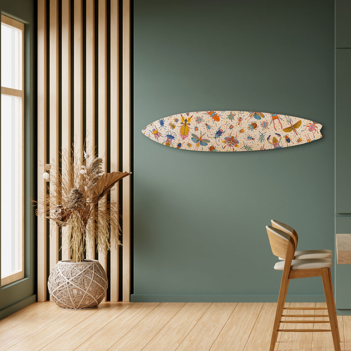COLORFUL INSECTS Dekorativní panel ve tvaru surfu